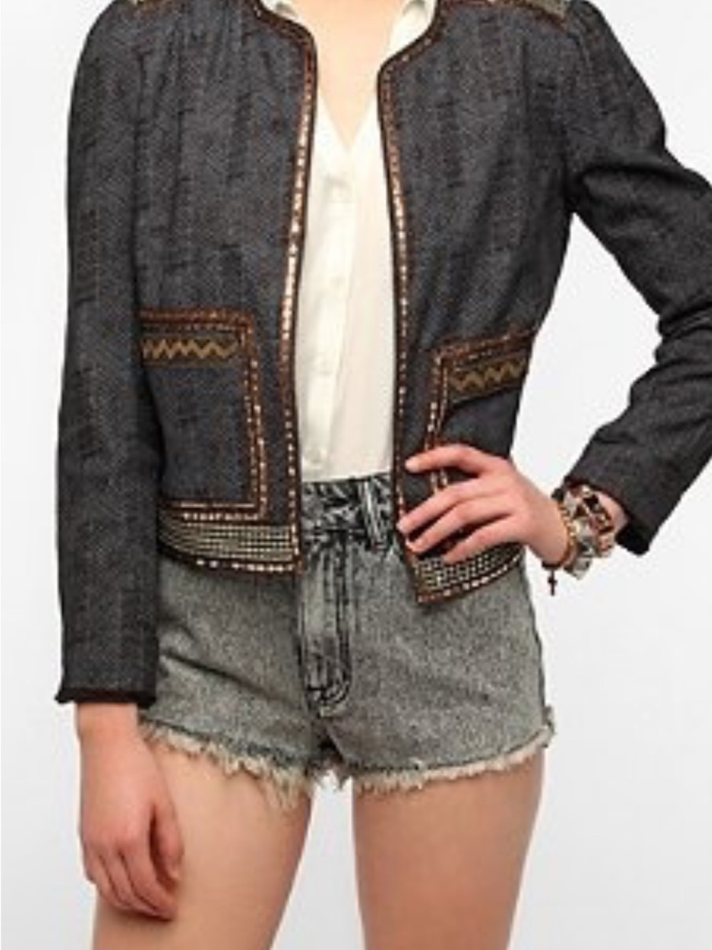 Ecote Classic Cropped Tweed Jacket in Charcoal with Embellished Trim